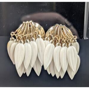 Vintage White Fringe Clip-On Earrings Gold Tone Mid Century Dangle Statement